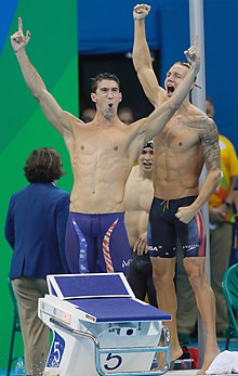 Michael Phelps and Dressel (right) after winning the 4x100 m freestyle relay at the 2016 Olympics Michael Phelps and Caeleb Dressel Rio 2016.jpg