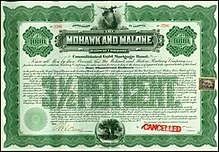 Gold bond of the Mohawk and Malone Railway Company, issued 1. March 1902 Mohawk and Malone Railway 1902.jpg