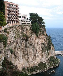 Cliff of Upper Jurassic (Kimmeridgian-Tithonian) sedimentary rock at Ruelle Sainte-Barbe, southern Monaco MonacoRocherFrance.jpg