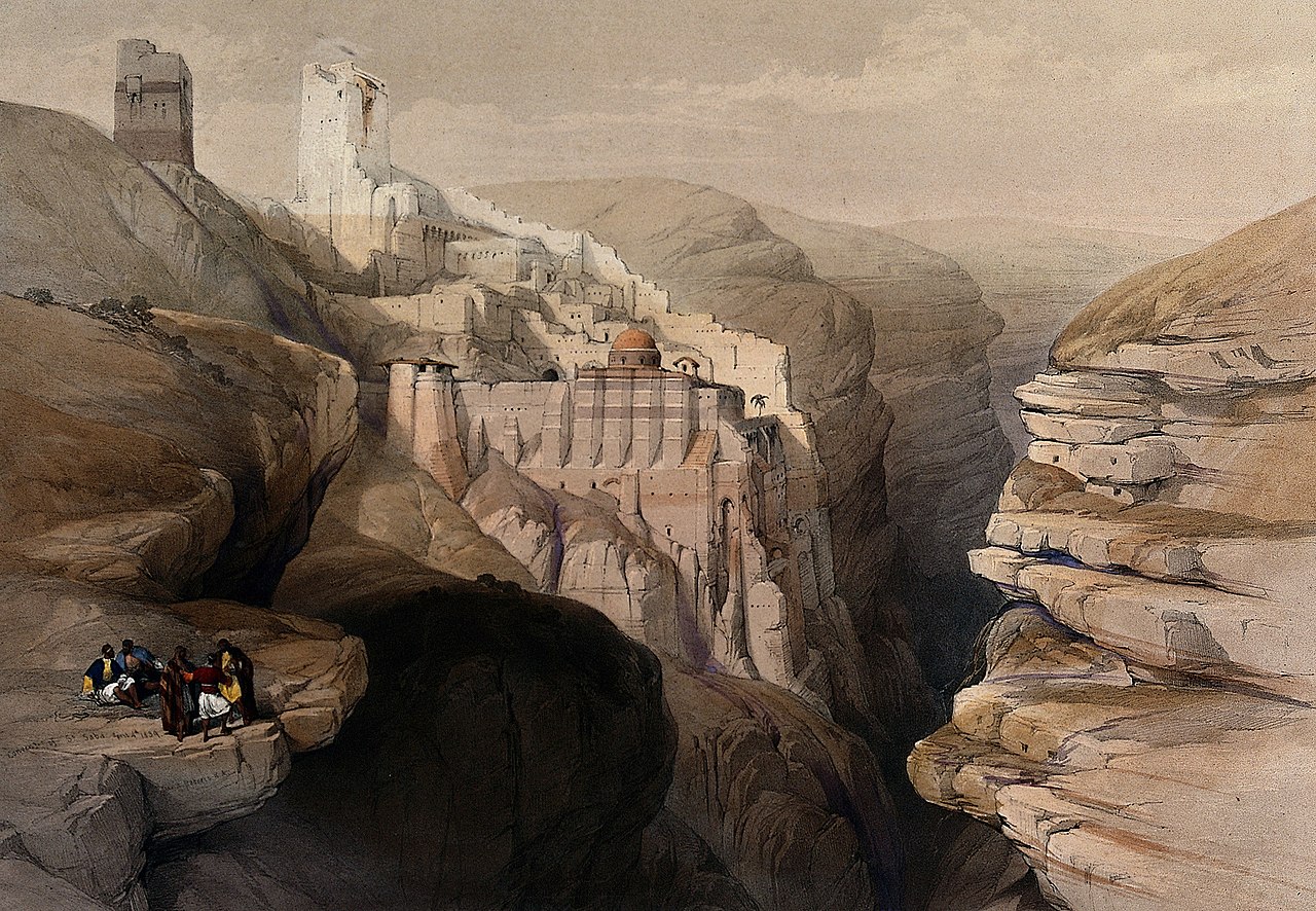 Mountains with the monastery of St. Saba. Coloured lithograp Wellcome V0049462.jpg