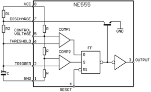 Astabilný preklápací obvod (oscilátor) spolu s blokovou schémou NE555