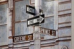 Greene St and Prince St One Way signs, Soho. New York City 2005
