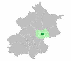 南彩镇在北京市和在顺义区的位置 其中浅绿色区域表示顺义区 深绿色区域表示南彩镇