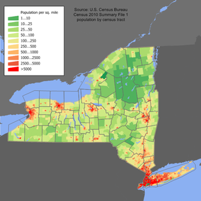 New York population distribution map. New York's population is primarily concentrated in the Greater New York area, including New York City and Long Island.