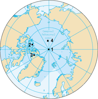 Mapa del pol nord. Representa el pol nord (1), el pol magnètic nord (2), el pol geomagnètic nord (3), el pol nord d’inaccessibilitat (84 ° 03’N, 174 ° 51’W) (4).