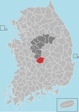 Yeongdong-guns läge i Norra Chungcheong och Sydkorea.