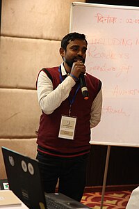 Pankaj Deo presenting about Wiki Education Program at Wikisammelan 2019 (4).jpg