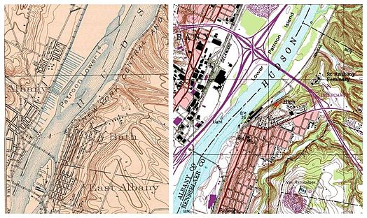 Erie Canal and lumber district slips before 1960 on left/I-787 and modern shoreline on right Patroon Island - Before & After.jpg