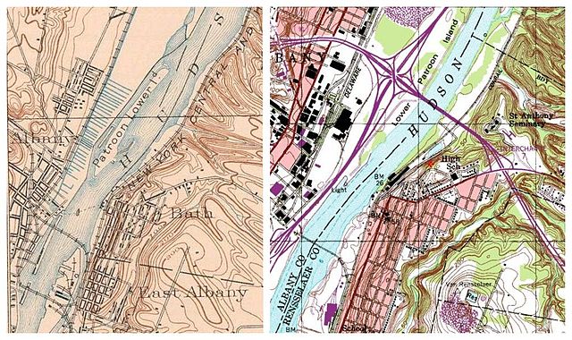 Albany Basin and Erie Canal before 1960 on left/I-787