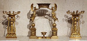 Centerpiece between two candelabra; by Pierre-Philippe Thomire; circa 1810; probably gilded bronze; Calouste Gulbenkian Museum (Lisboa, Portugal)
