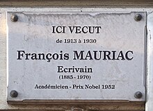 Plaque François Mauriac, 89 rue de la Pompe, Paris 16e.jpg