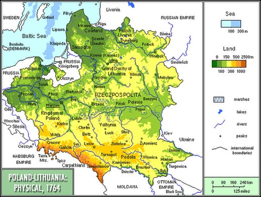 De geografie en het reliëf van het Pools-Litouws Gemenebest in 1764