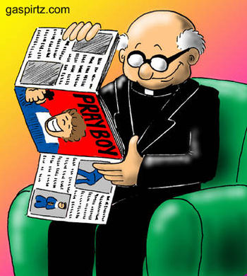 Cartoon about a priest reading an adult magazine.