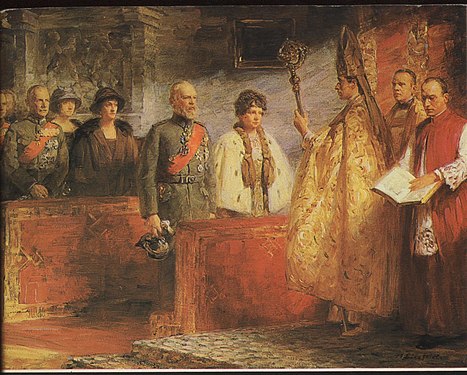 両親の金婚式を祝う儀式で主宰者の教皇特使エウジェーニオ・パチェッリ（後の教皇ピウス12世）の脇に控える司祭服姿のゲオルク（右から2番目の人物）、へルマン・アイスフェルト画、1923年