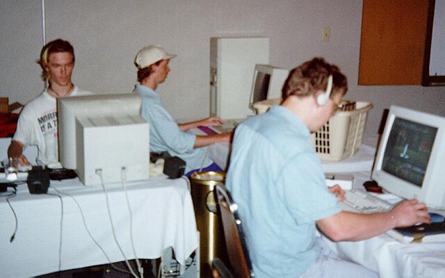 Players competing the first QuakeCon in 1996