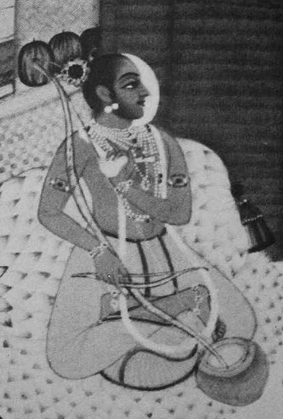 India, ca. 1725, Bundi style. A divine musician plays a hunting bow with its tip placed in a resonance pot. Possible pinaka vina or ravanahatha.