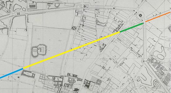 Historique de la rue La Fayette tracé sur fond de plan Verniquet de 1790 : En orange, la rue de Pantin (devenue avenue Jean-Jaurès) située hors de Paris avant l'annexion de l'ancienne commune de la Villette en 1860. En vert, la rue du Chemin-de-Pantin, 2e section de la rue La Fayette ouverte par application du décret de 1849. En jaune, la 1re section de la rue La Fayette ouverte en 1823 qui traverse l'enclos Saint-Lazare. En bleu, la 3e section (partielle) de la rue La Fayette ouverte par application du décret d'utilité publique de 1859.