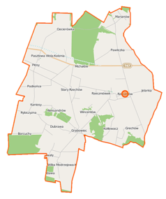 Mapa konturowa gminy Rzeczniów, blisko centrum na dole znajduje się punkt z opisem „Grabowiec”