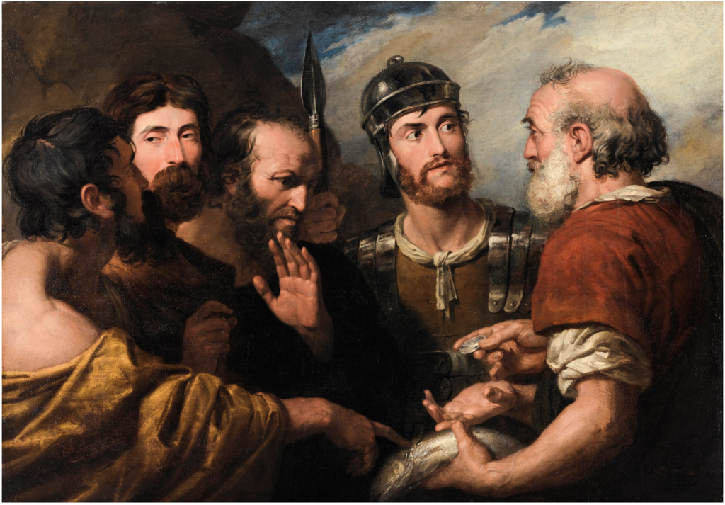 SAINT PETER PAYING THE TRIBUTE WITH A PIECE OF SILVER FOUND IN A FISH.png