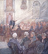 The Legislative Assembly of Lower Canada in 1792. Elective assemblies existed in British North America since the 18th century, although the colonies' executive councils were not beholden to them. SIMPSON Legislative Assembly of Lower Canada.jpg