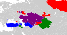 Most common scripts used by Turkic languages
.mw-parser-output .legend{page-break-inside:avoid;break-inside:avoid-column}.mw-parser-output .legend-color{display:inline-block;min-width:1.25em;height:1.25em;line-height:1.25;margin:1px 0;text-align:center;border:1px solid black;background-color:transparent;color:black}.mw-parser-output .legend-text{}
Latin
Cyrillic
Perso-arabic
Latin & cyrillic Scripts used by Turkic languages.svg