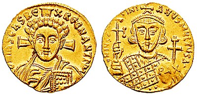 Gold solidus of Justinian II 4.42 grams (0.156 oz), struck after 692.[65]