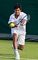 Somdev Devvarman competing in the first round of the 2015 Wimbledon Qualifying Tournament at the Bank of England Sports Grounds in Roehampton, England. The winners of three rounds of competition qualify for the main draw of Wimbledon the following week.