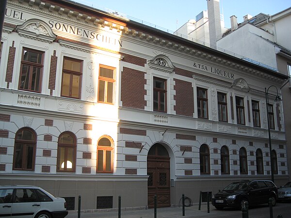 Apartment building still bearing the film's markings of the fictional 1870 Sonnenschein mansion and distillery, at 15 Bokréta Street, in Budapest's ce