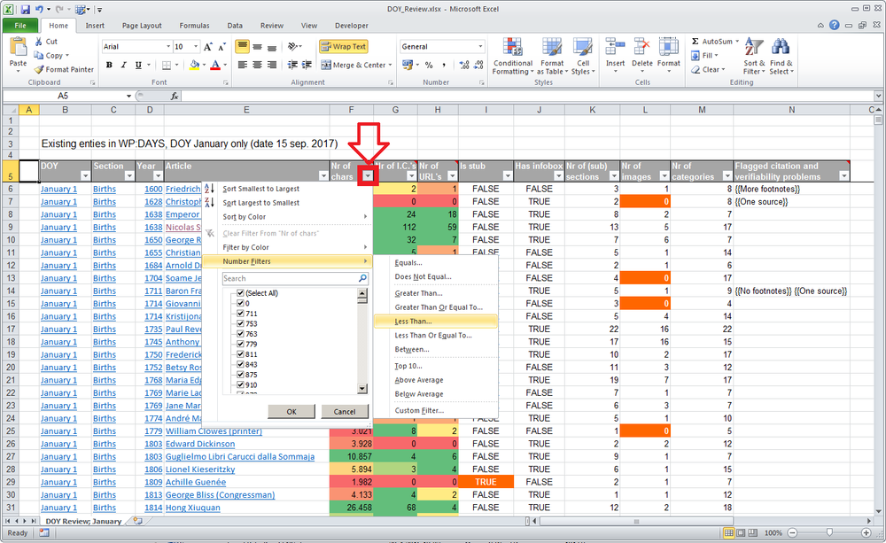 Screenshot from spreadsheet 'DOY review'