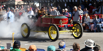 A 1908 Stanley leaving the starting line at the Newport Antique Auto Hill Climb