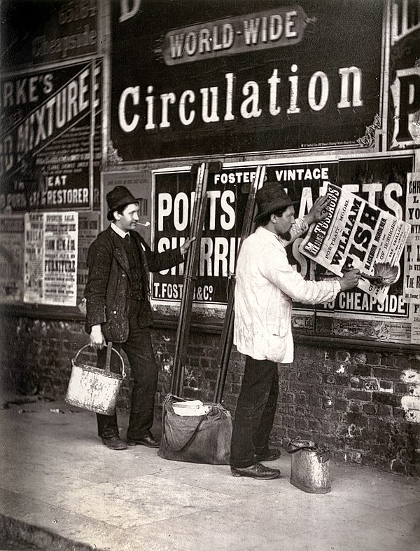 Advertising man pasting a bill for Madame Tussaud's Chamber of Horrors, London 1877. Early exhibits included Burke and Hare. The chamber closed on 11 