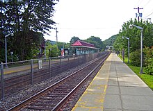 Fences between tracks at station in Suffern, New York, U.S. Suffern train station.jpg
