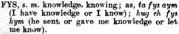 Définition du mot mannois fys, Fockleyr ny Gaelgey, Archibald Cregeen (1774-1841), publié en 1835.