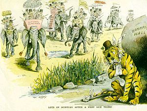 Puck cartoon by Frederick Burr Opper: "Lots of hunters after a very sick tiger" (1893) Tammany Tiger Hunted 1893.jpg