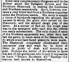 The Lothian media defending Broxburn Shamrock from accusations of dirty play against Northern (Glasgow) in the 1891-92 Scottish Cup; Rutherglen Reformer, 4 December 1891 The Lothian media defending Broxburn Shamrock from accusations of dirty play against Northern (Glasgow) in the Scottish Cup 1891-92.jpg