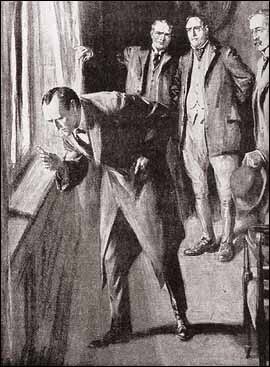 Holmes studies the window sill as MacDonald, White Mason, and Watson observe (Strand, 1914)