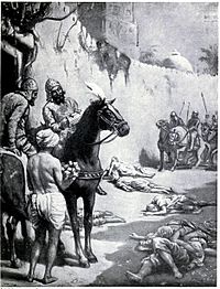 Bakhtiyar Khilji's massacre of Buddhist monks in Bihar, India. Khilji destroyed the Nalanda and Vikramshila universities during his raids across North Indian plains, massacring many Buddhist and Brahmin scholars. The end of Buddhist Monks, A.D. 1193.jpg