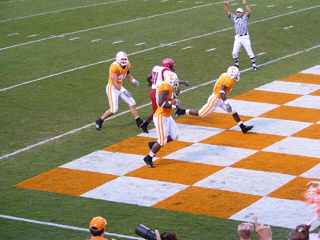 Orange and white checkerboard end zones are unique to Neyland Stadium.