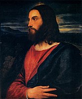 Tiziano (tiene otras con la iconografía tradicional del Salvator Mundi,[15]​ pero esta representación, sin orbe ni en actitud de bendecir, es más propia de su título como Cristo redentor).