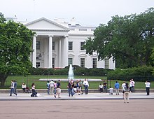 For security reasons, the section of Pennsylvania Avenue on the north side of the White House is closed to all vehicular traffic except that of government officials. Tourists by WH.JPG