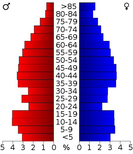 Age pyramid for Love County, Oklahoma, based on census 2000 data.