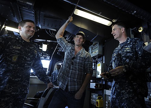 Cmdr. George Kessler (left) and Westbrook (right) provide a tour of the USS Spruance to film director Peter Berg. US Navy 120109-N-CJ186-294 Leadership from the Arleigh Burke-class guided-missile destroyer USS Spruance (DDG 111) provide a tour of the ship to Pe.jpg