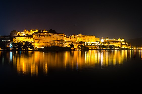 Udaipur City Palace at night.