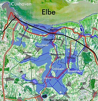 Land flooded by a 'small' storm surge of only 4.50 m when a dyke broke at Glameyer Stack, Otterndorf. Ueberschwung klein 4m50cm.jpg