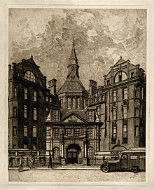 Paul Waterhouse's etching of the Cruciform Building on Gower Street University College Hospital, London; the entrance facade on Wellcome V0014738.jpg