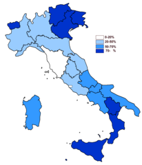 Percentage of people in Italy having a command of a regional language (Doxa, 1982; Coveri's data, 1984)