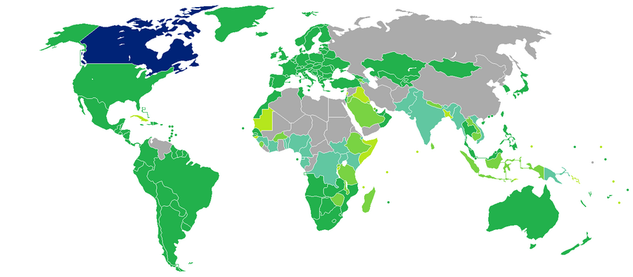 Visa requirements for Canadian citizens.mw-parser-output .legend{page-break-inside:avoid;break-inside:avoid-column}.mw-parser-output .legend-color{display:inline-block;min-width:1.25em;height:1.25em;line-height:1.25;margin:1px 0;text-align:center;border:1px solid black;background-color:transparent;color:black}.mw-parser-output .legend-text{}  Canada  Visa not required  Visa on arrival  Electronic authorization or online payment required / eVisa  Both visa on arrival and eVisa available  Visa required prior to arrival