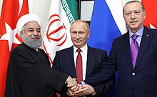 Iranian President Hassan Rouhani, Russian President Vladimir Putin and Turkish President Recep Tayyip Erdogan in November 2017 Vladimir Putin, Hassan Rouhani, Recep Tayyip Erdogan 02.jpg