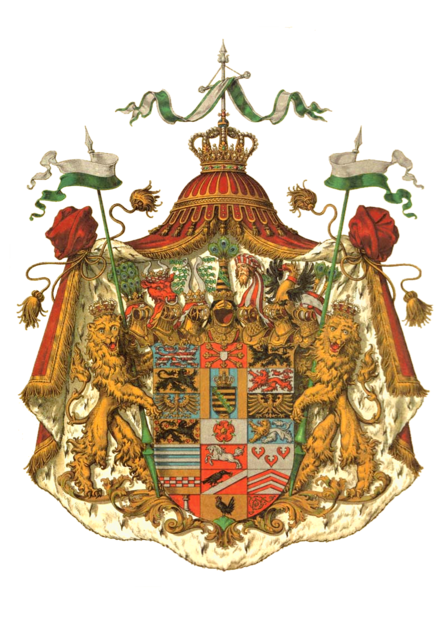German heraldry has examples of shields with numerous crests, as this arms of Saxe-Altenburg featuring a total of seven crests. Some thaler coins display as many as fifteen.