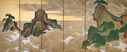 Ogata Kōrin. Vagues à Matsushima. paravent à 6 feuilles. Encre, couleurs et or sur papier. 1,50 x 3,67 m. Museum of Fine Arts Boston